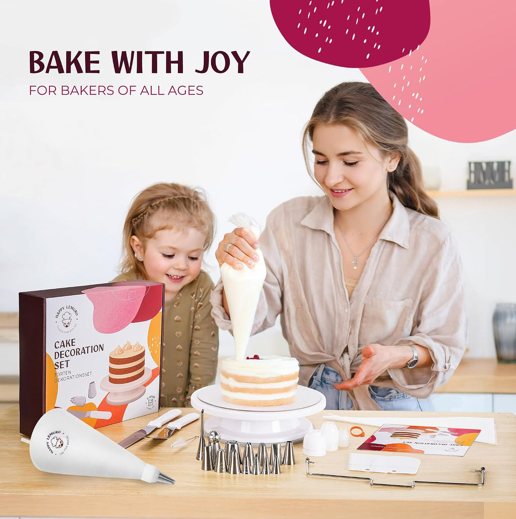Cake Accessory Set with Premium Piping Nozzles & Piping Bag, Rotating Cake Plate, Cake Cutter and Versatile Baking Accessories (With Cake Ring)