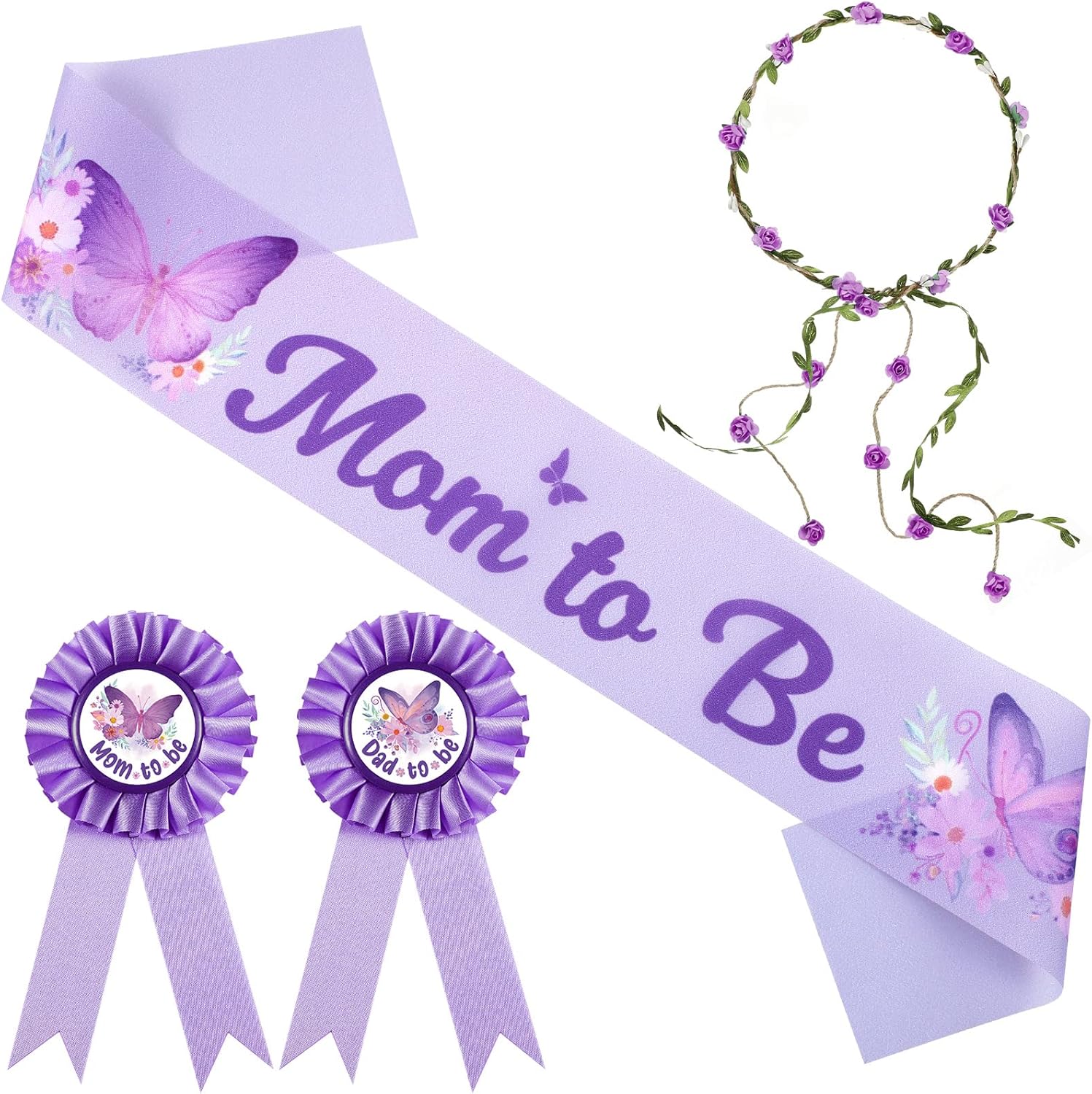 Chunful Butterfly Theme Mom to Be Sash Baby Shower Dad to Be Pin and Flower Crown Headband for Gender Reveals Party Baby Shower Party Favors Decorations for Girls Pregnancy Photo Props Gifts（Purple）