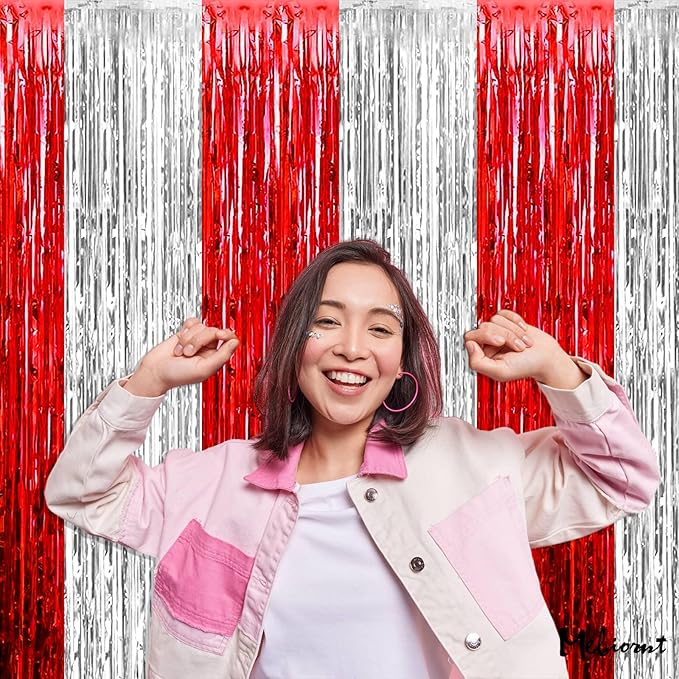 4 Pack 3.2Ft x 6.6Ft Red and Silver Fringe Curtain Backdrop, Metallic Tinsel Foil Fringe Streamers Curtains Background for Photo Booth Wedding Circus Welcome Carnival Birthday Party Decorations