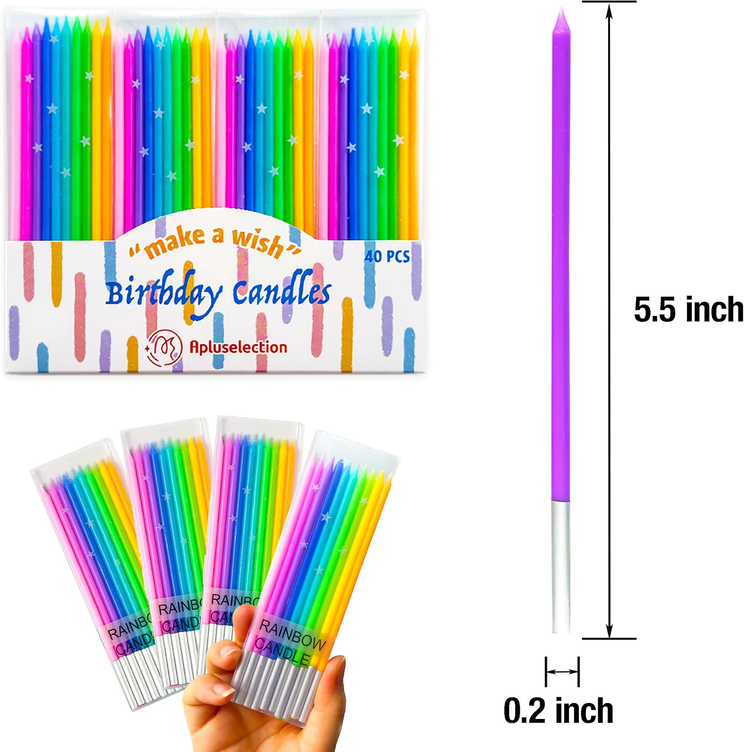 40-Count Rainbow Birthday Candles, Tall Thin Birthday Cake Candles Set, Rainbow Cupcake/Cake Decorations