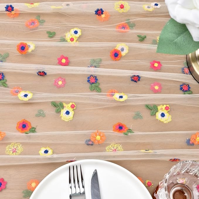 Joanlody Champagne Embroidery Daisy Fall Thanksgiving Table Runner 10ft Florals Seasonal Tulle Table Runner Holiday Kitchen Dining Table Decoration for Home Party Indoor