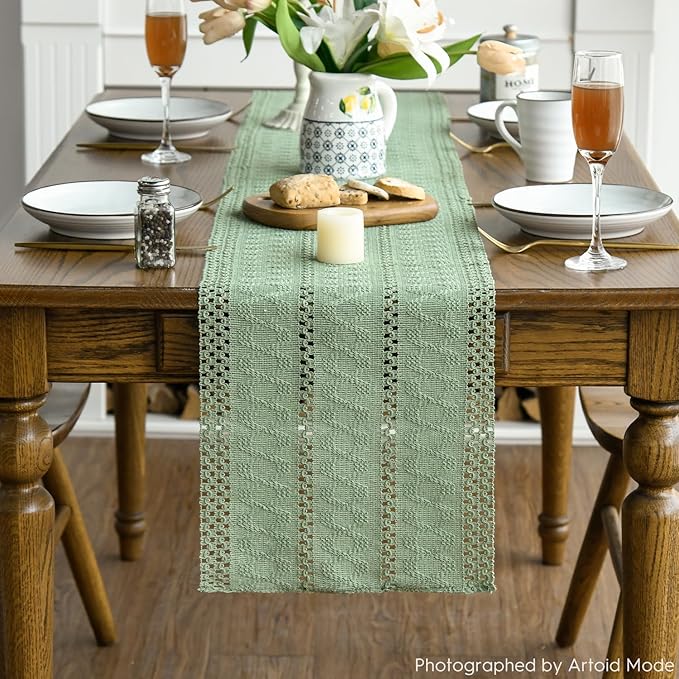 Artoid Mode Light Green Farmhouse Woven Rustic Hollow Table Runner, Seasonal Holiday Hollow Kitchen Dining Table Decoration for Home Party Decor 12x72 Inch