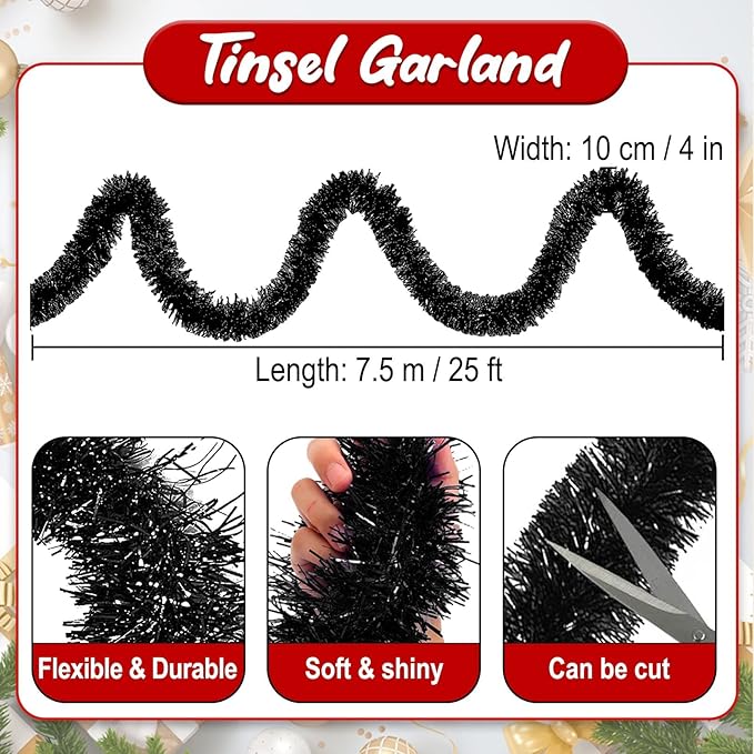 25 Feet Black Christmas Tinsel Garland, Metallic Foil Twist Banner Wall Hanging Tinsel Streamers Backdrop for Parade Floats, Christmas, Mother's Day, Birthday Party Decorations(4in x 25ft)
