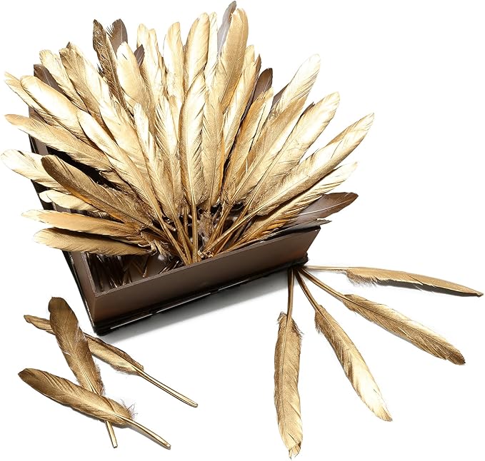 FeelfunFeather 120pcs Gold Goose Cochettes Feather Natural Bulk 4-6 inch 10-15cm for Wedding Party Christmas Decorations DIY Crafts Goose Cochettes Feather