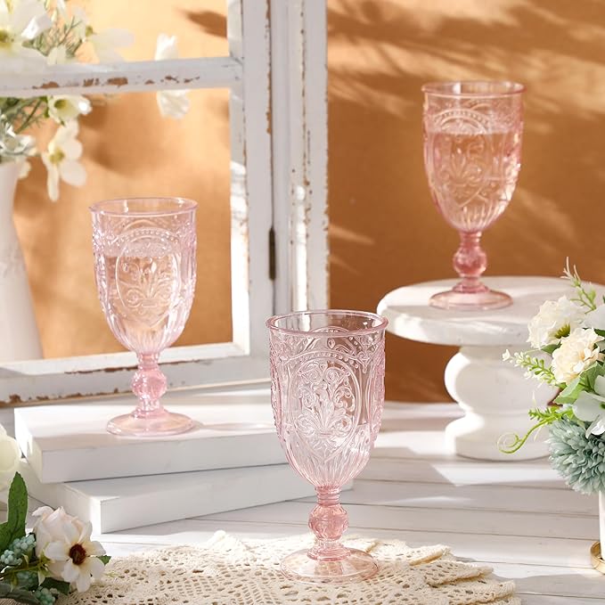 36 Pack Plastic Goblets 10oz Upgrade Vintage Water Goblet Plastic Wine Glasses Colored Retro Embossed Glassware for Party Wine Bar Juice Baby Shower Wedding Reception Grand (Pink)