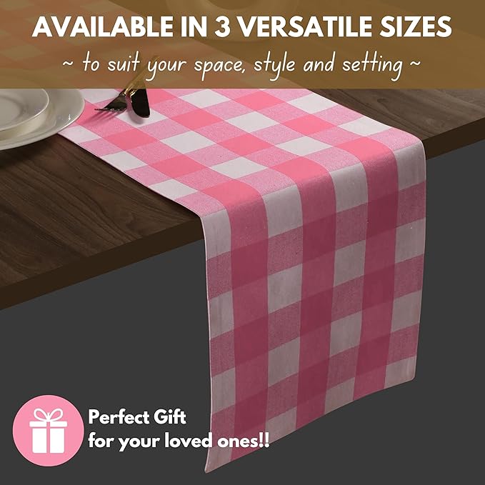 Native Fab Table Runner Buffalo Check Plaid 100% Cotton - 13x90 Inches Kitchen Dining Table Decoration for Indoor Outdoor Farmhouse Home Party Decor - Pink and White