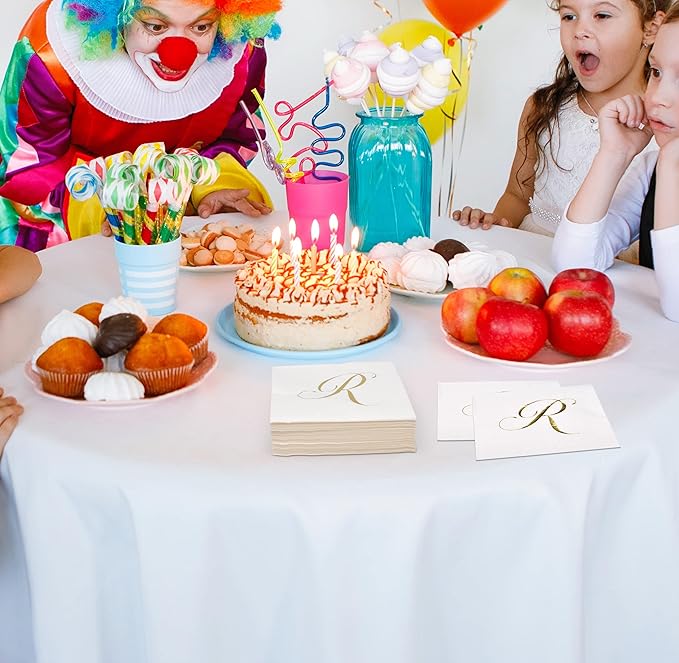 Gift Boutique 100 Gold Monogram Cocktail Napkins Letter R Disposable Paper Pack Elegant Metallic Golden Foil Hand Napkin for Powder Room Wedding Holiday Birthday Party Baby Shower Decorative Towels