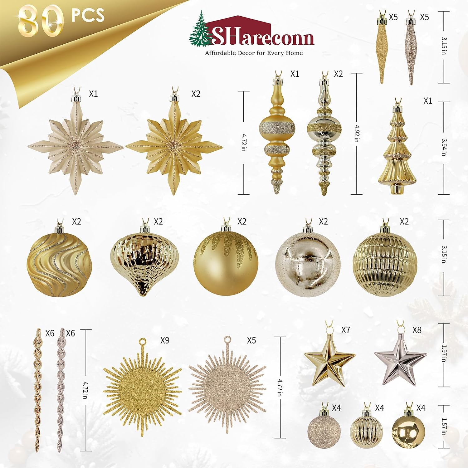 SHareconn 80pcs Christmas Balls Ornaments Set, Contemporary Light Luxury Gift Set, Shatterproof Plastic Decor for Xmas Tree Holiday Wedding Party Decorations with Hanging Strings, Dark and Light Gold