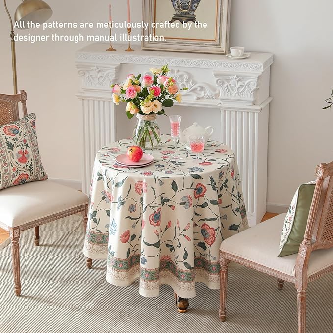 ISAENNE Designer Chinoiserie Linen Floral Small Round Tablecloth,White Wrinkle Resistant Table Cloth,Elegant Decor Tablecloths for Dining Thanksgiving Kitchen Christmas,Diameter 55"-Daffy