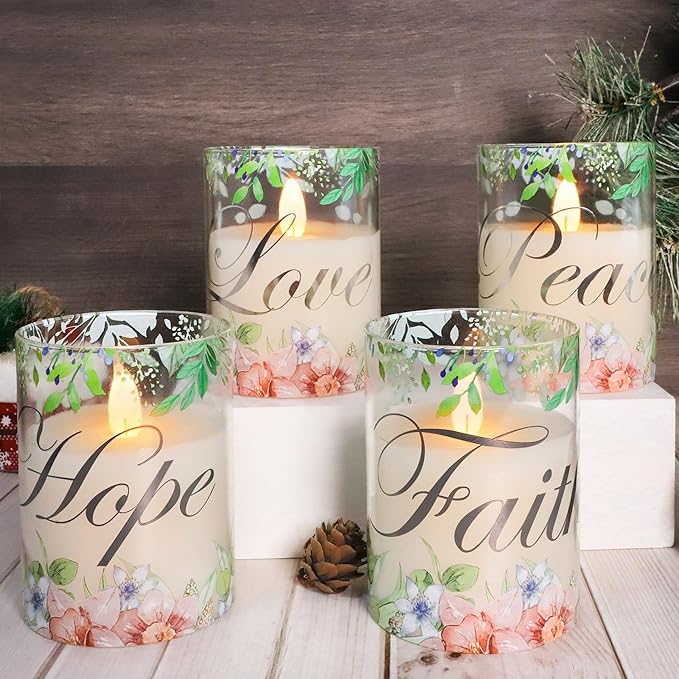Silverstro Christmas Flameless Candles Glass Flickering Real Wax Floral LED Candles with Remote - Home Party Room Botanical Holiday Decor Set of 4