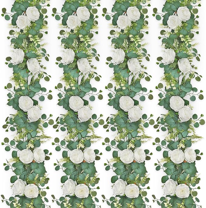 4PCS 6.23FT Artificial Eucalyptus Garland with Peony Flowers Fake Vines Floral Greenery Garland White Peonies Artificial Flowers for Centerpiece Table Runner Wedding Decor (White, 4PCS)
