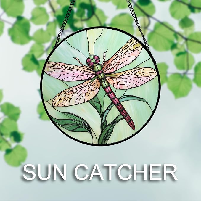 Stained Glass Window Hanging 4 Pcs Set Pink Green Insect Theme 9.8" - Butterfly Suncatcher Door Garden Sun Catcher Decor Birthday Christmas for Mom Woman Nana Men
