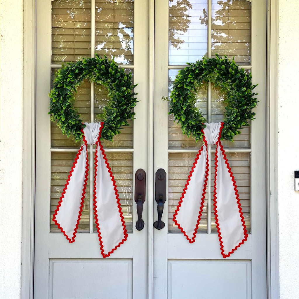 DYSHAYEN Wreath Sash for Front Door,Canvas RIC Rac Trim Wreath Accessories for Yard Doorway Indoor Outdoor Bridal Shower Xmas Home (White-Red Trim)
