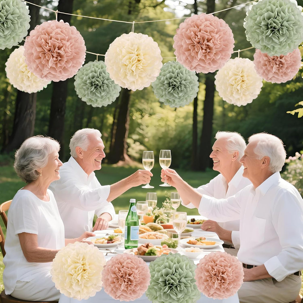 EASY JOY Sage Green Tissue Pom Poms Paper Flowers Decorations Natural Green Boho Hanging Décor for Safari Jungle Party Bridal Shower Baby Shower Home Decor Nursery Birthday Backdrop 15PCS