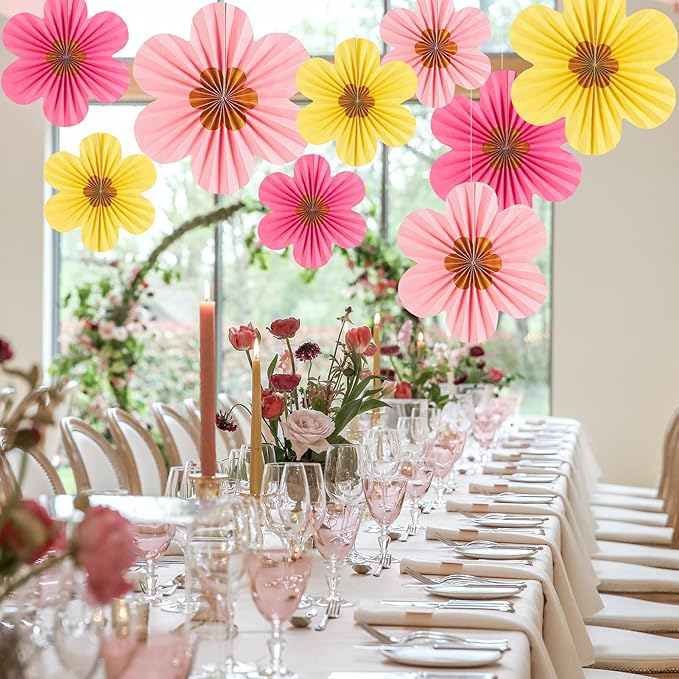 SUNBEAUTY Paper Flowers Decorations for Wall Gold Flower Party Decorations Hanging Fans Floral Backdrop Decor Mothers Day Birthday Wedding Baby Shower Decoration Wall Set of 9