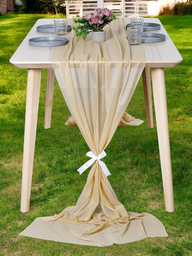 MDS 2 Pack 10ft Chiffon Table Runner 29 x 120 Inches Sheer Wedding Runner Romantic Rustic Table Runner for Wedding Decorations, Birthday Parties, Bridal Shower Party Arch Decor - Champagne Gold