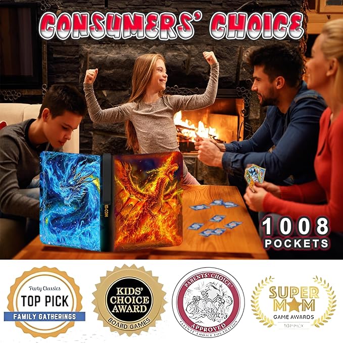 1008 Card Binder 9 Pocket, 3-Ring Trading Card Binder with 56 Page Removable Sleeves, High Storage Waterproof Trading Card Holder Collection Card Album Carrying Organizer Case for MTG TCG Cards -Fire