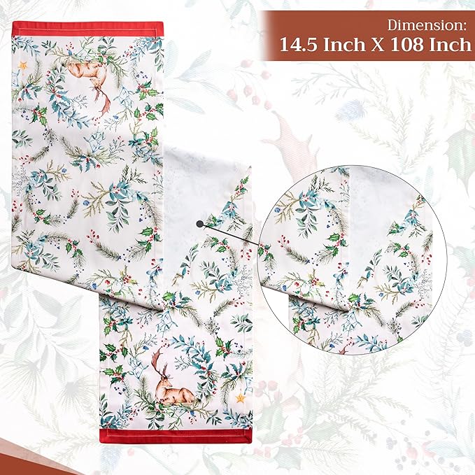 Maison d' Hermine Table Runner 100% Cotton Double Layer Table Runners 108 inches Long for Thanksgiving Christmas Decorations Home Kitchen Dining Party Wedding (Holly Time, 14.5" x 108")