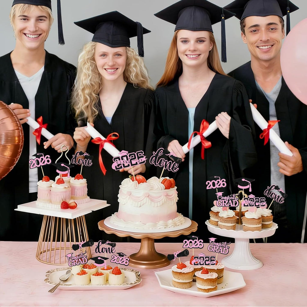 Pink Graduation Cupcake Toppers 2026, 36pcs Glitter Class of 2026 Cupcake Toppers for Graduation Party Decoration Grad Cap Diploma Done Congrats Grad Picks for Food Dessert Party Supplies