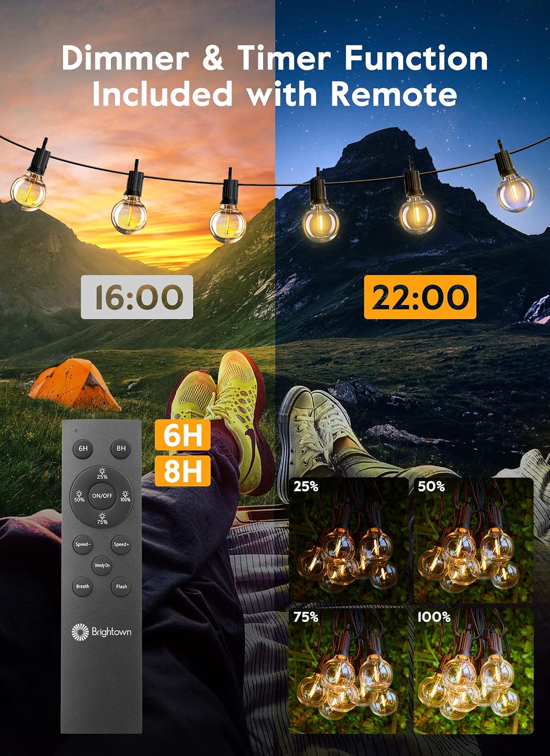 Brightown Outdoor String Lights, 58FT 25 Shatterproof LED Bulbs with Remote and Zip Ties, Waterproof Dimmable Patio Hanging Lamps for Porch, Balcony, Bistro, Cafe, Deck, Backyard