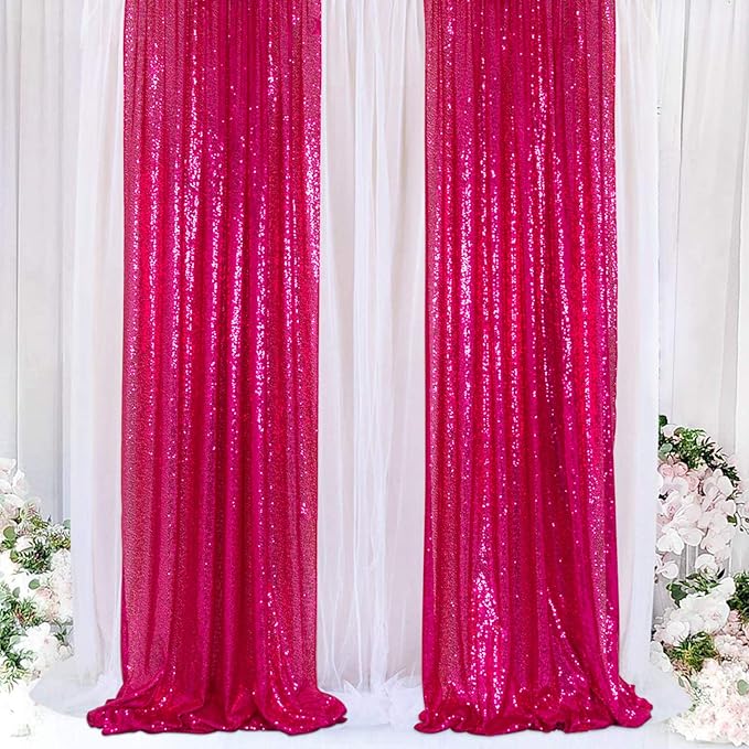 ShinyBeauty Sequin Curtains Panels Hot Pink Sequin Backdrops 4 Pieces Photo Backdrop Shimmer Background for Baby Shower Fuchsia Fabric Curtain New Year,Birthday Party,Holiday Decor (2Ftx8Ft)