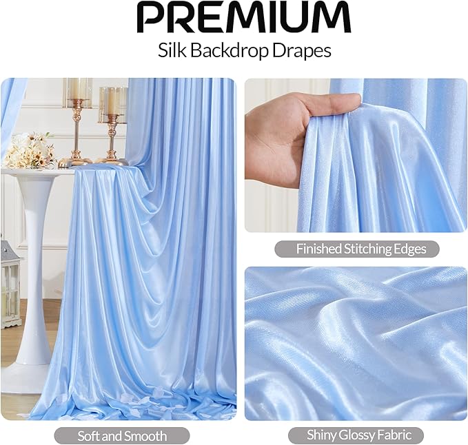 Blue Satin Backdrop Curtains 2 Panels - Glitter Photo Drapes for Baby Shower, 10x10FT Shimmer Back Drop Cloth, Wrinkle Free for Birthday Party Prom Wedding Background