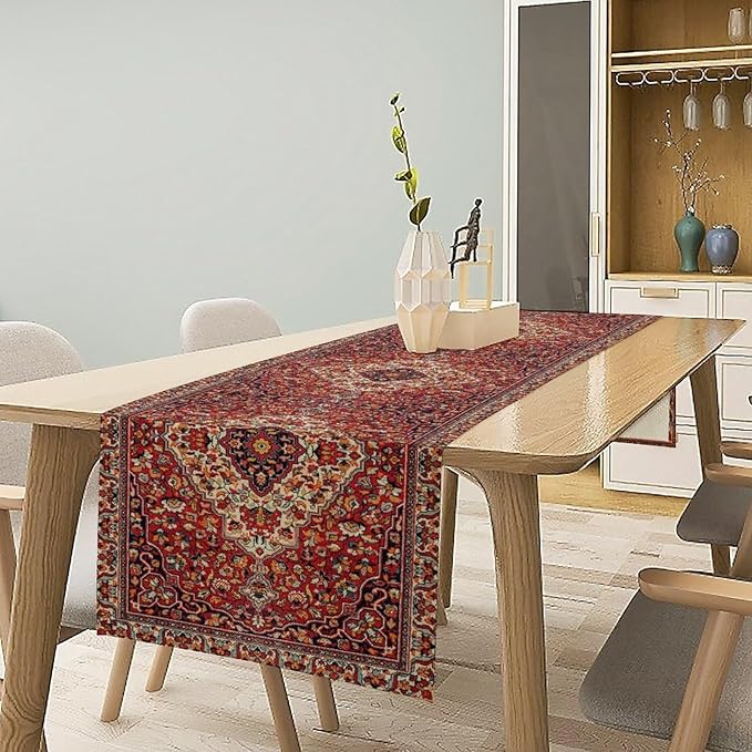 Boho Floral Vintage Table Runner, Paisley Retro Red Flower Rustic Country Farmhouse Abstract Pattern for Home Kitchen Table Decor Dining Coffee Room Party Decor 13x108in