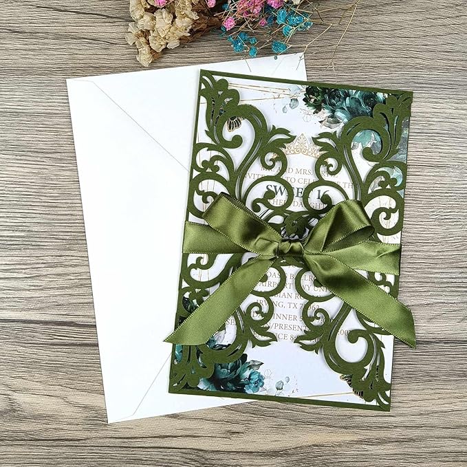 25PCS Olive Green Laser Cut Wedding Invitations Cards with Envelopes,Blank Inner Sheets,Ribbons for Wedding Bridal Shower Quinceañera Engagement Birthday Invites
