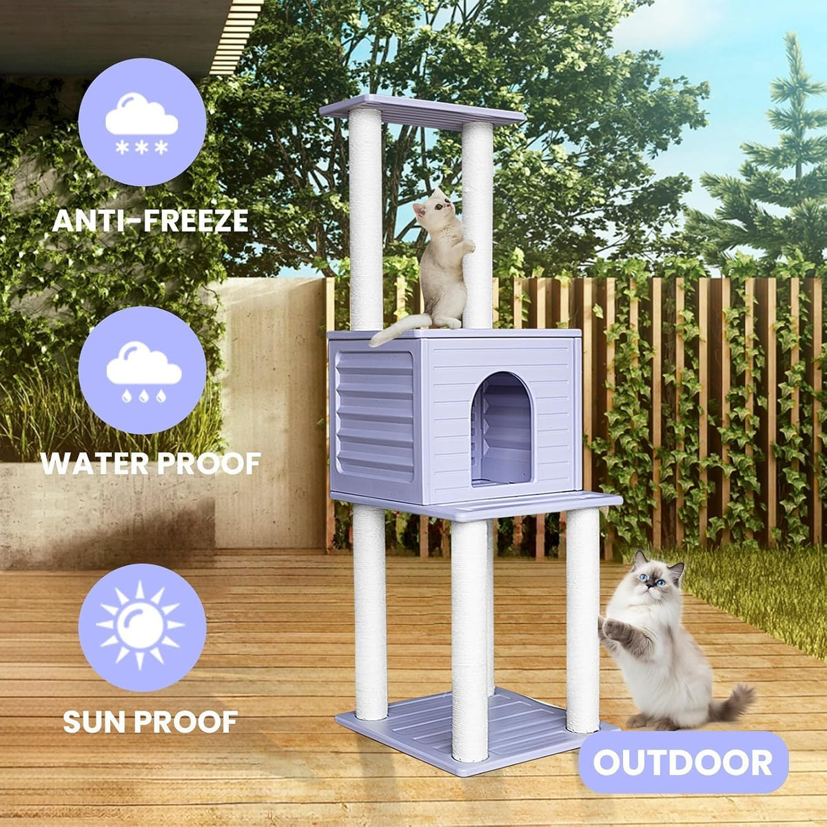 61in weatherproof large cat condo with scratch post showing dimensions