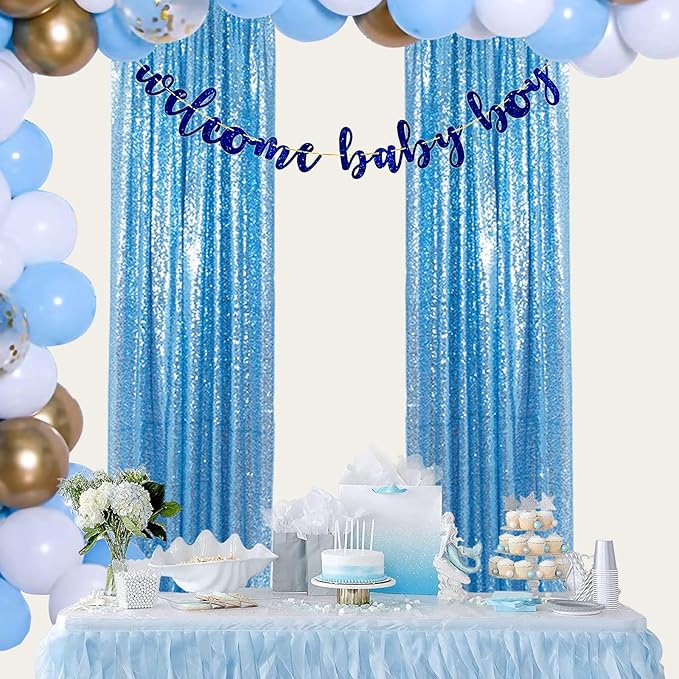 ShinyBeauty Sequin Curtains 4 Panels Baby Blue | Sparkle Photo Backdrop for Parties & Events | 2Ft x 8Ft Shimmer Fabric Background | Elegant & Durable | Perfect for Weddings & Baby Showers