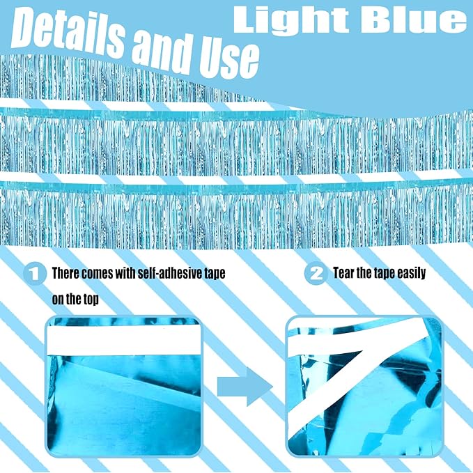 6 Pack 10 Feet Foil Fringe Garland Metallic Tinsel Streamers Banner Wall Hanging Curtain Backdrop Banner for Parade Floats, Thanksgiving, Christmas, Birthday, Halloween Party Decorations(Light Blue)