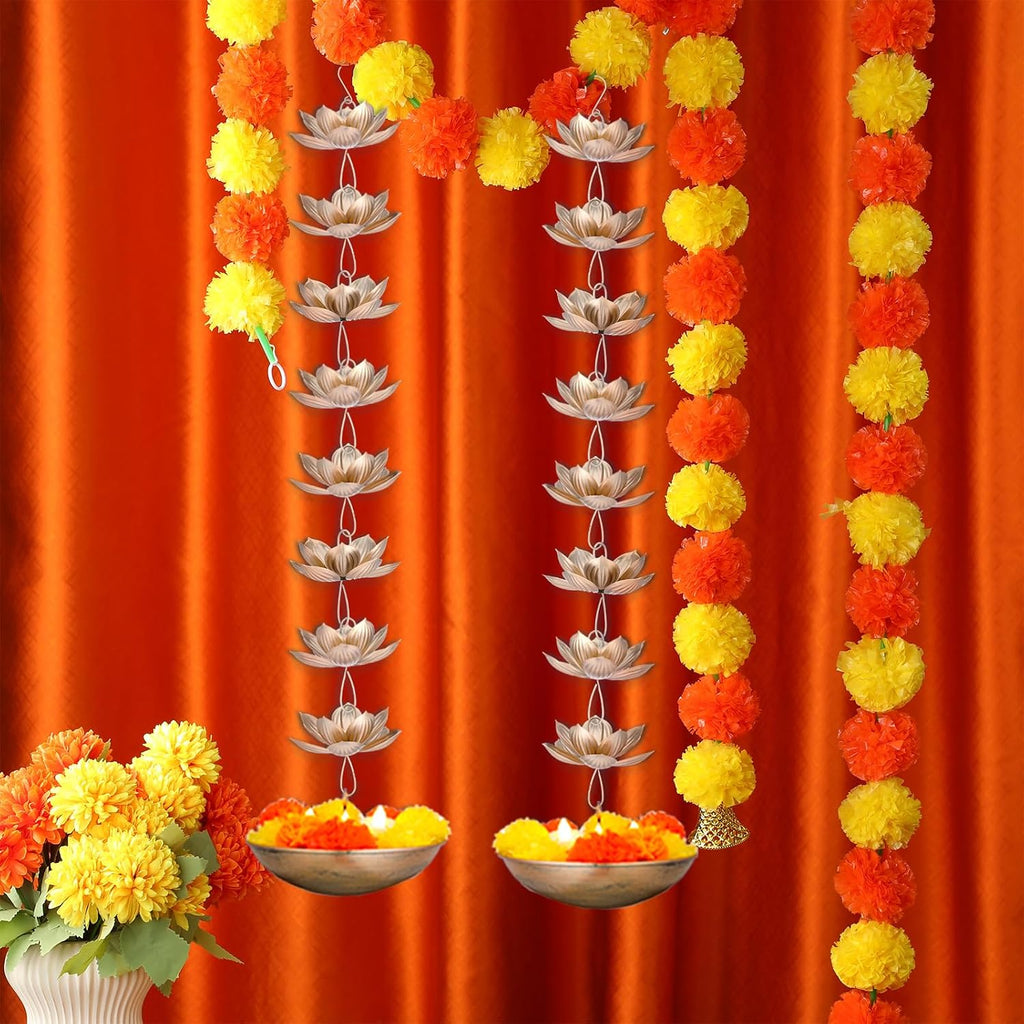 LemonRoad 2 Set Diwali Hanging Urli Bowl Metal Lotus Floating Diya Pot for Flowers & Decor Wall Hanging Uruli Candle Holder for Mandir, Diwali Gift, Indian Traditional Festival Decoration