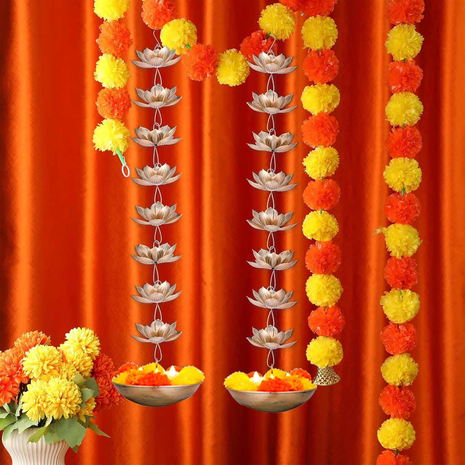 LemonRoad 2 Set Diwali Hanging Urli Bowl Metal Lotus Floating Diya Pot for Flowers & Decor Wall Hanging Uruli Candle Holder for Mandir, Diwali Gift, Indian Traditional Festival Decoration