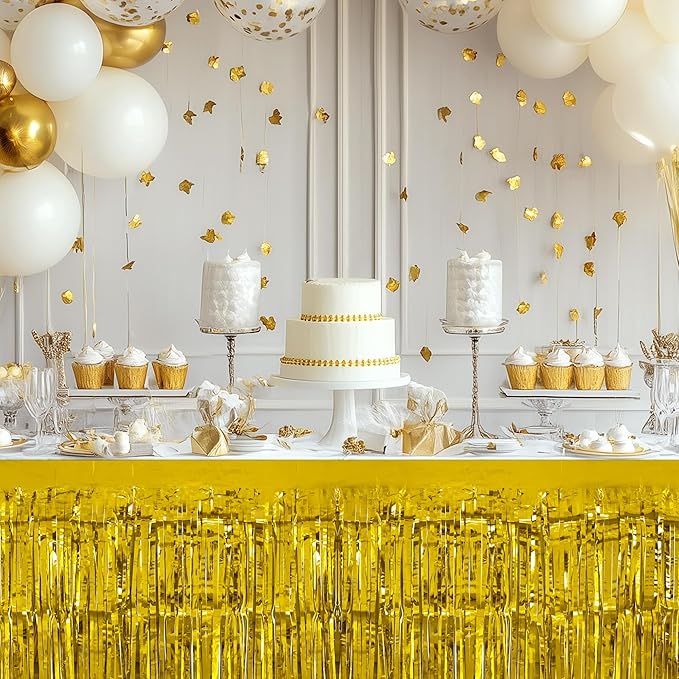 2 Pack Gold Table Skirts, 29x108" Metallic Foil Tinsel Fringe Table Skirts for Rectangle Tables Streamer Curtains Backdrop, Party Decorations for Birthdays Weddings Holidays