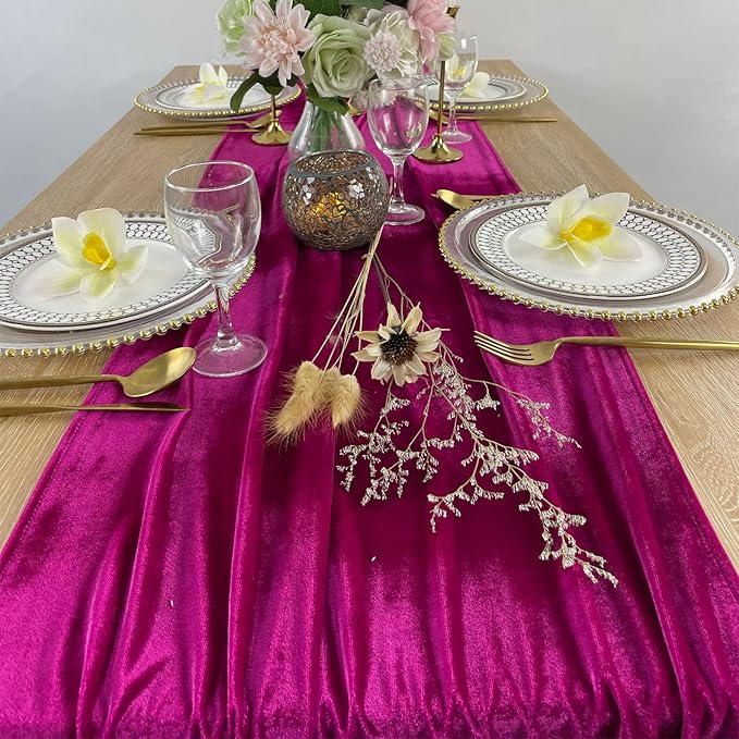 Luxurious Velvet Table Runner, 10ft Wedding Reception Decorations, 20x120inch Soft Velvet Fabric, Table Linen Overlay, Wedding Table Runners (Fuchsia, 20X120inch)