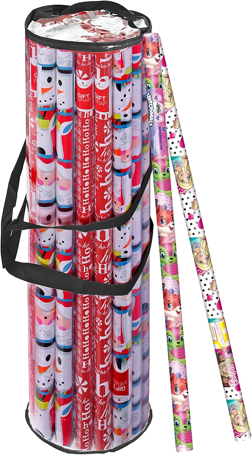 Wrapping Paper Storage Bag, Gift Wrap Organizer, Fits 40 Inch Long Rolls, Hold Up to 24 Rolls, Heavy Duty Clear PVC Bag with Top and Side Handles (Black)