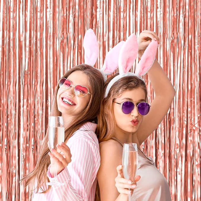 BTSD-home 4 Pack Rose Gold Foil Fringe Curtain, Metallic Photo Booth Backdrop Tinsel Door Curtains for Wedding Birthday Bridal Shower Baby Shower Bachelorette Christmas Party Decorations(3ft x 8ft)