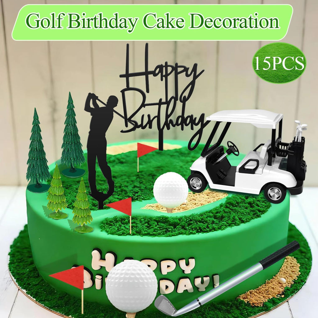 15Pcs Golf Theme Cake Topper Decorations Happy Birthday Cake Decorations with Golf clubs, Mini Cart, Ball, Green Tree, Red Flag Cupcake Topper for Birthday, Father's Day Party Decor Supplies