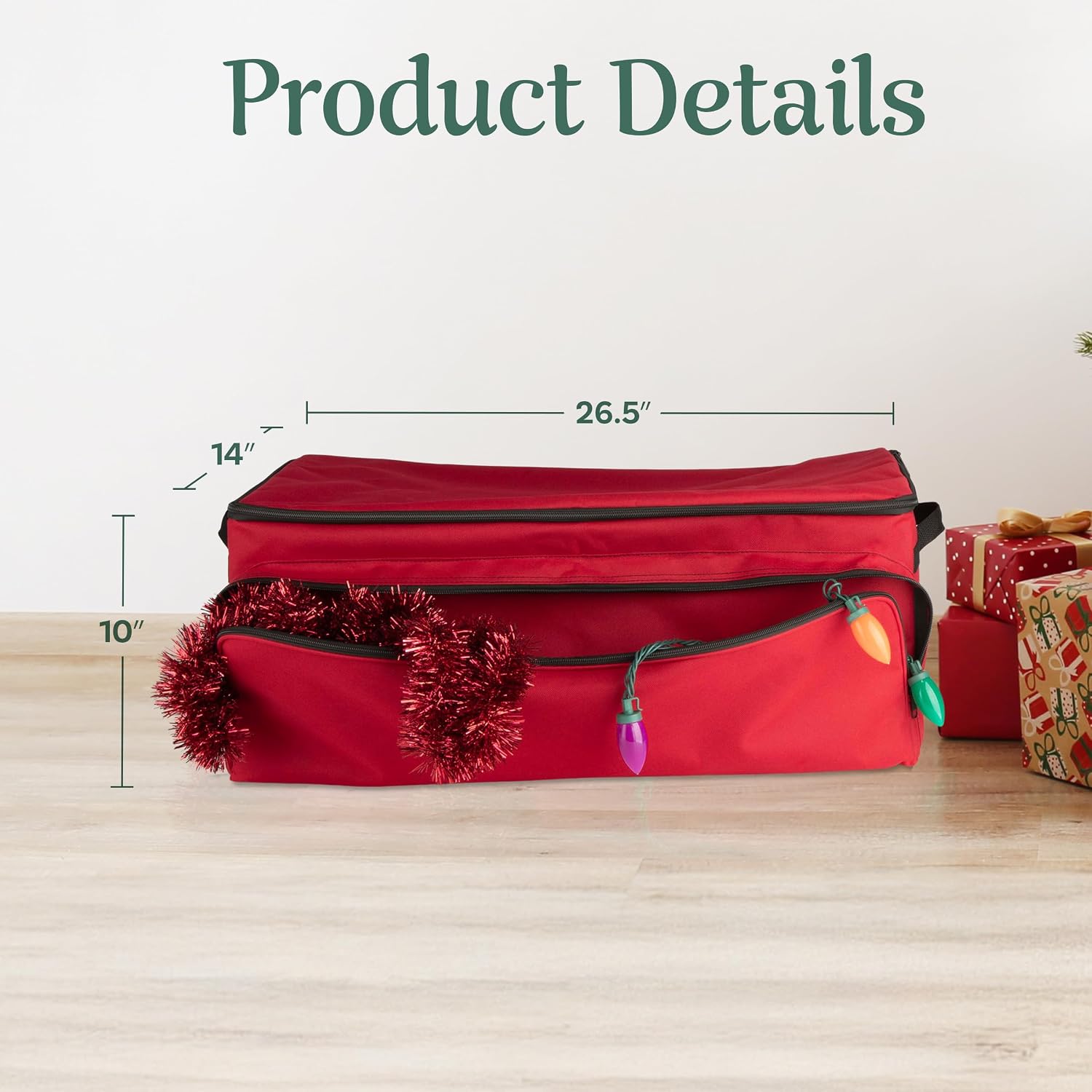 Christmas Ornament Storage Box - Christmas Ornament Organizer Storage Box with 3 Trays, Adjustable Grids, and Large Front Zipper Pocket - Fits up to 72 Bulbs and Decorations by Elf Stor (Red)