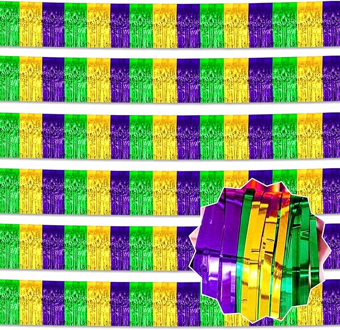6 Pack 10 Ft Gold Green Purple Foil Fringe Garland Metallic Streamers Tinsel Banner Wall Hanging Garland Backdrop for Parade Floats, Halloween, Christmas, Thanksgiving, New Year Party Decorations