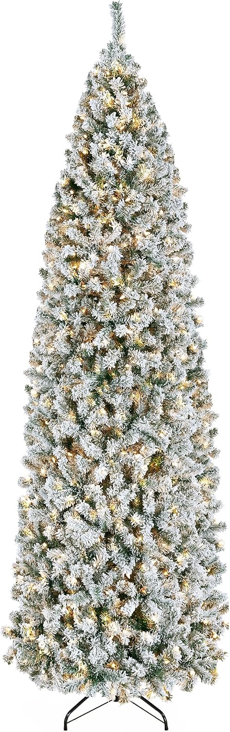 yaheetech 9ft pre-lit snow flocked pencil christmas tree, main product view