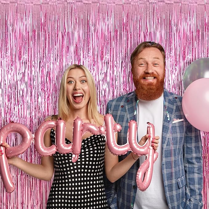 10 Pack Pink Foil Curtain Backdrop 3.2ft x 9.8ft Metallic Tinsel Foil Fringe Curtains Streamer Photo Booth Backdrop for Birthday Party Engagement Bachelorette Party Decorations (Pink)