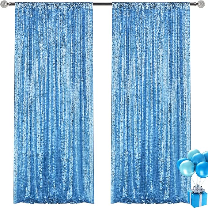 Blue Sequin Backdrop Curtain 2 Pieces 2FTx8FT Glitter Photography Backdrop for Party Wedding Birthday Christmas Decorations