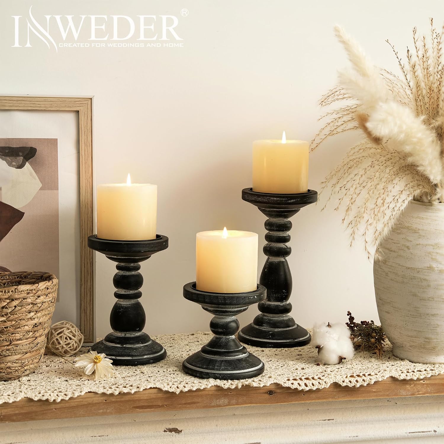 Wood Pillar Candle Holder: 3Pcs Rustic Black Candle Holders for Pillar Candles Wood Candle Holders Distressed Wooden Farmhouse Candle Holder Large Rustic Candle Holder for Fireplace Table