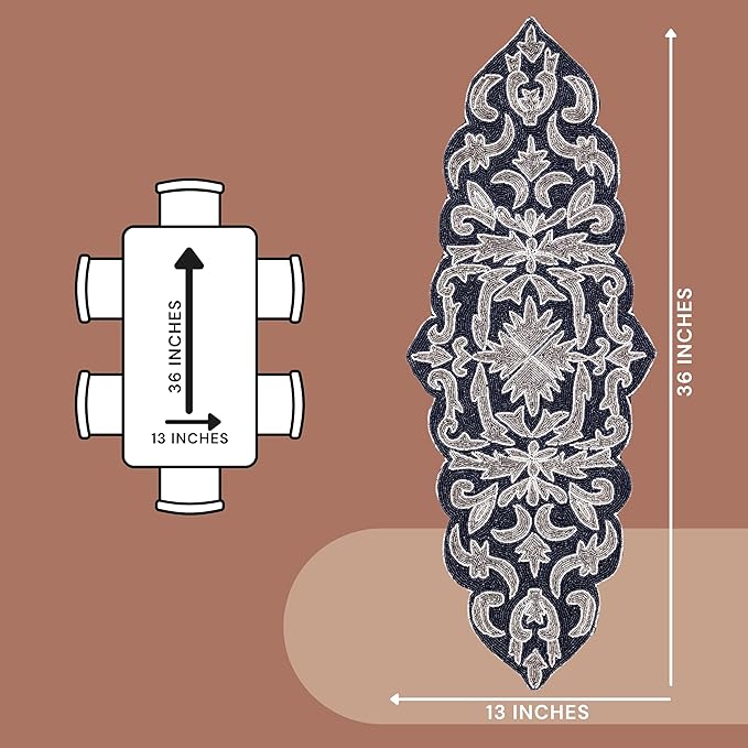 Decorative Beaded Table Runner - 36" Glass Beads & Polyester Table Runner Ideal for Dining, Décor, Luxury Table Centerpiece for Weddings, Holidays & Modern Home Accents (Blue Silver) - CLEENTABLE