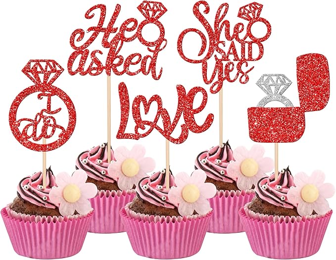 30 PCS He Asked She Said Yes Cupcake Toppers Diamond Ring Cupcake Picks Love I Do Bridal Shower Cupcake Decorations for Wedding Enaggement Theme Party Cake Decorations Supplies Red