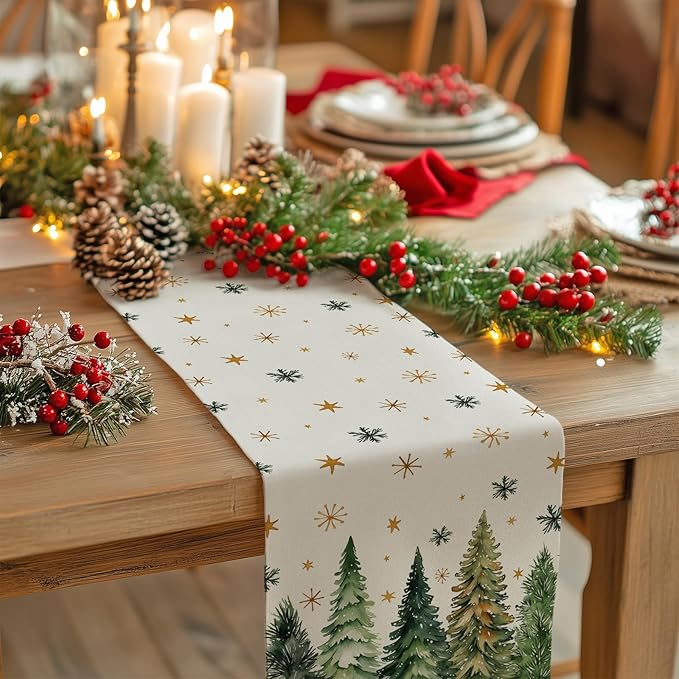 GEEORY Christmas Table Runner 13x90 Inch, Xmas Tees Snowflakes Holiday Decorative Farmhouse Table Decoration for Kitchen Dinning, Indoor Outdoor Dinner Party Decor (Light Green) GT166-90