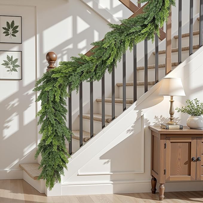 Alupssuc 9FT Christmas Garland, Cedar Garland -Real Touch Artificial Greenery Cypress Pine Garland for Mantle Table Railing Fireplace Indoor & Outdoor Christmas Decoration
