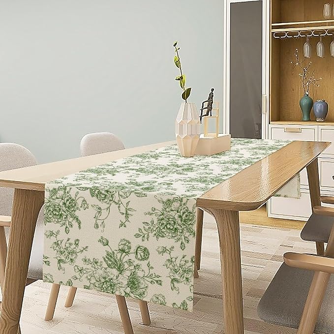 Vintage Flower Table Runner, Wildfloral Green Floral Sketch Pattern Print Table Runner for Kitchen Dinning Table Runner Decor Home Wedding Party Holiday, 13x60 Inch