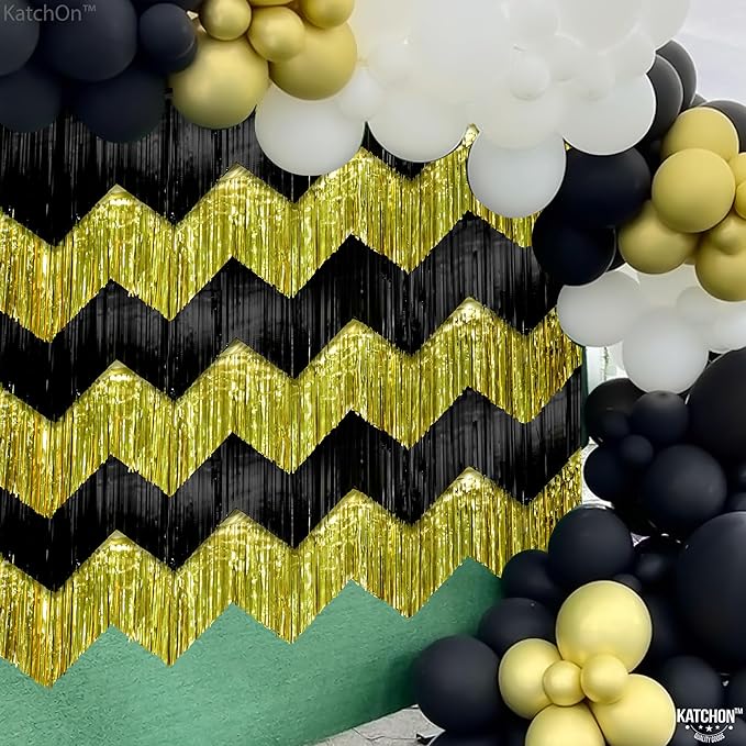 KatchOn, Black and Gold Fringe Backdrop Curtain - XtraLarge 6.6x1.7 Feet, Pack of 6 | Graduation Backdrop for Graduation Decorations 2025 | Fringe Curtain for Birthday Decorations | Prom Decorations